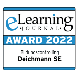 Abzeichen zeigt Text "eLearning Journal AWARD 2022" und "Bildungscontrolling Deichmann SE" auf weißem Hintergrund mit blauen Balken; symbolisiert Anerkennung im digitalen Bildungssektor.