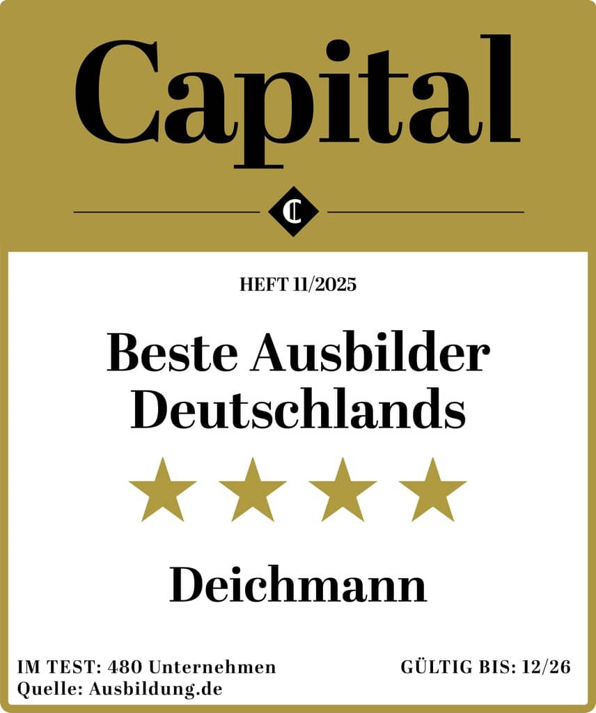 Auszeichnung „Beste Ausbilder Deutschlands“ von Capital für Deichmann mit vier Sternen, gültig bis 12/26.