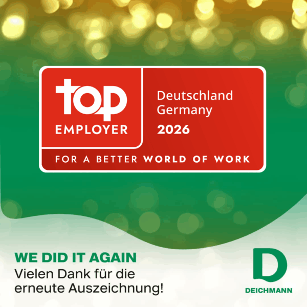 Rotes Zertifikat mit Aufschrift: „Top Employer Deutschland Germany 2026, For a better world of work“, vor grünem Hintergrund. Text unten: „We did it again. Vielen Dank für die erneute Auszeichnung!” Logo „Deichmann“.