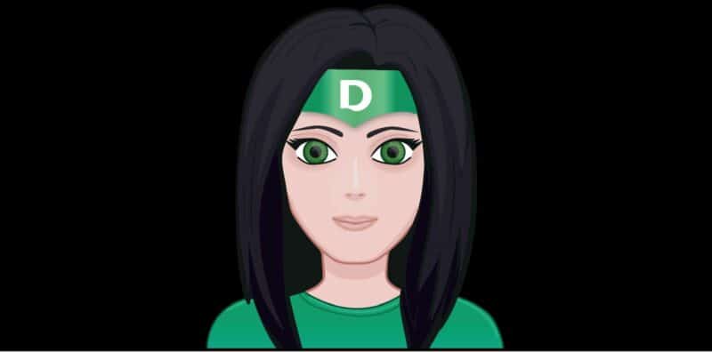 Chatbot Avatar von Deichmann, animierte Frau mit schwarzem Haar trägt ein grünes Stirnband mit dem Buchstaben "D". Sie hat grüne Augen und ein grünes Oberteil.