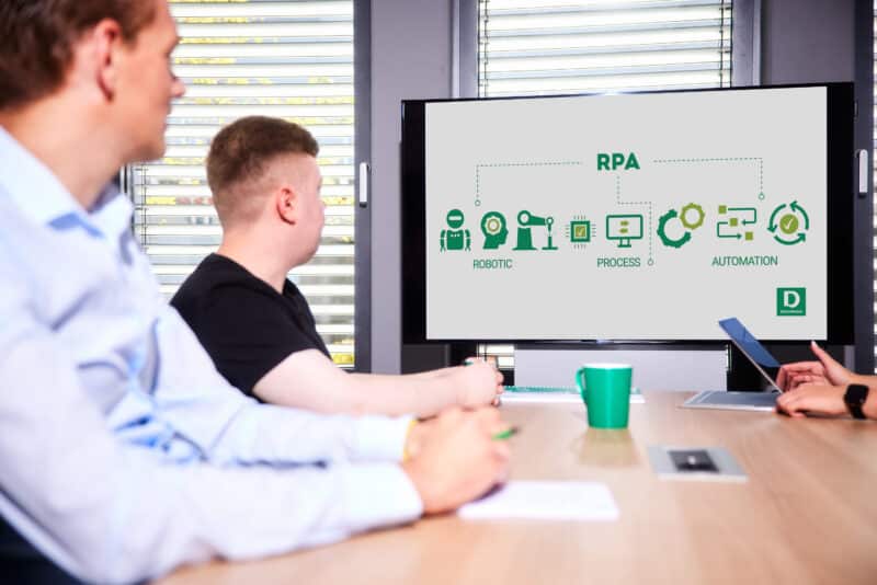 Drei Personen beobachten eine Präsentation auf einem Monitor. Der Bildschirm zeigt Grafiken und Text: "RPA", "ROBOTIC", "PROCESS", "AUTOMATION" im Büro mit Jalousien.